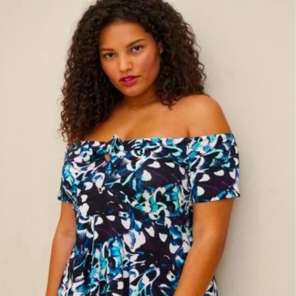 630-12 Torrid Super Soft Knit Floral Babydoll Blue Off Shoulder Top Size 1 (14/1 - Picture 4 of 14